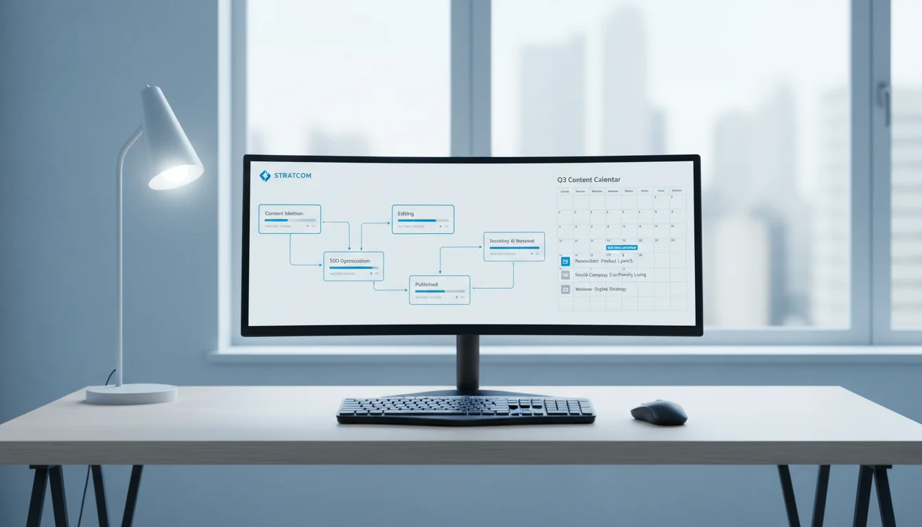 Pipeline éditorial structuré affiché sur un écran de bureau professionnel