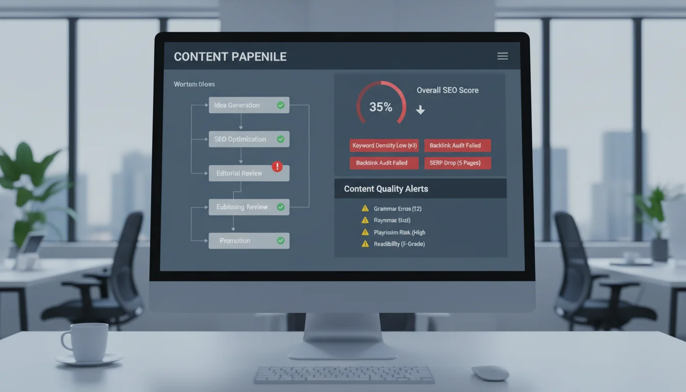 Pipeline de contenu automatisé avec indicateurs SEO en alerte sur un tableau de bord professionnel