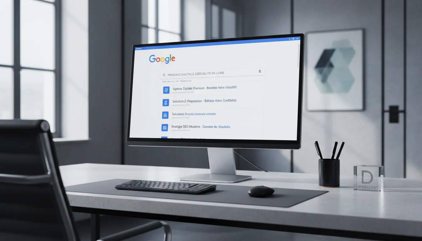Écran d'ordinateur affichant des résultats Google dans un bureau professionnel moderne