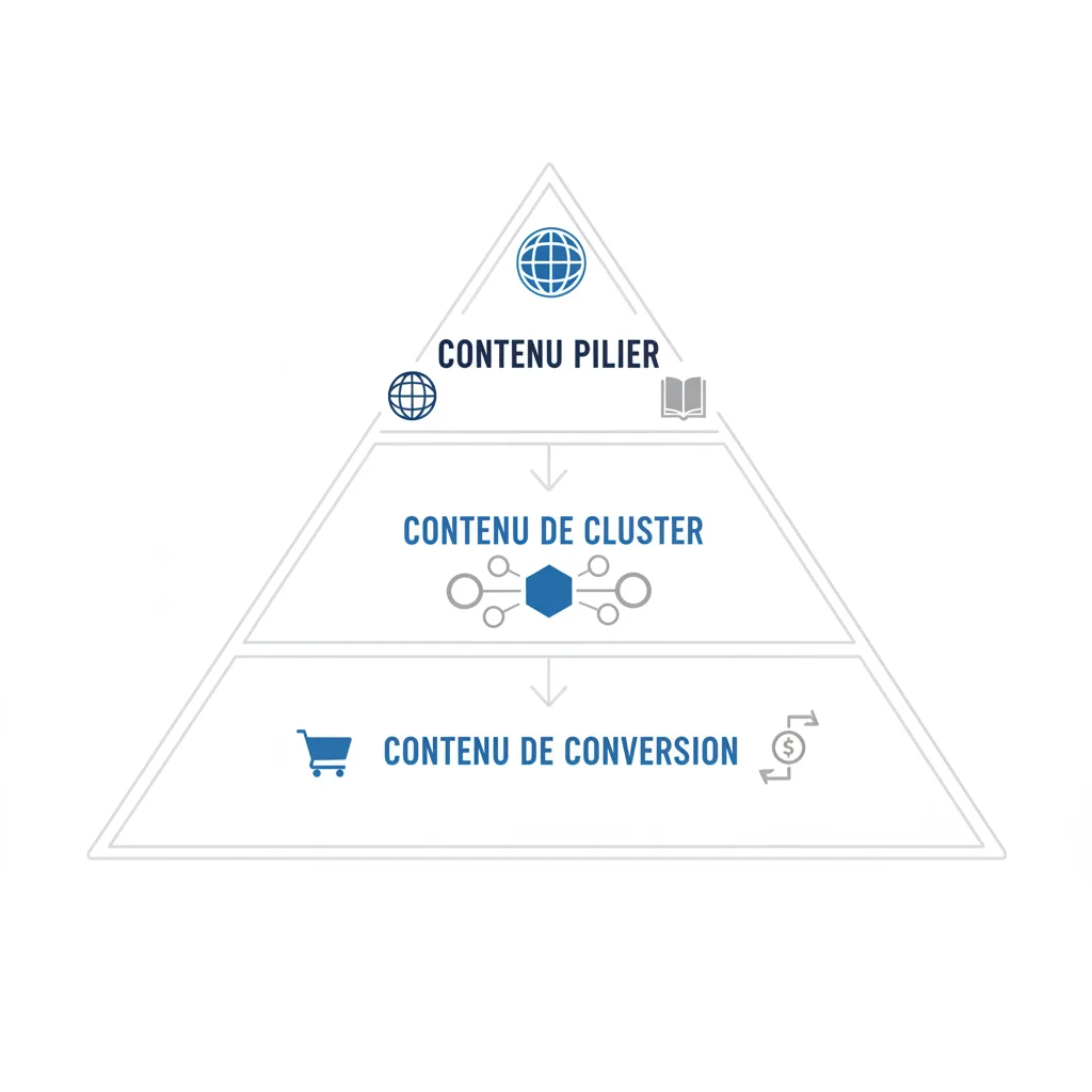 Pyramide illustrant la structure d'une stratégie de contenu SEO en trois niveaux